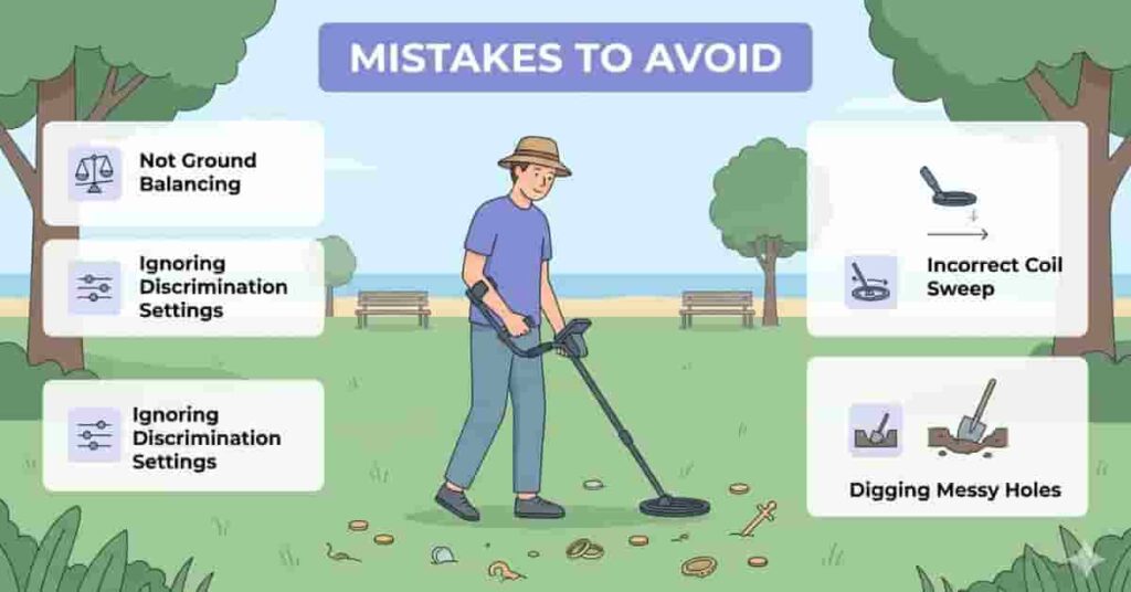Beginner metal detectorist exploring a park and beach while avoiding common metal detecting mistakes, educational illustration for beginners.