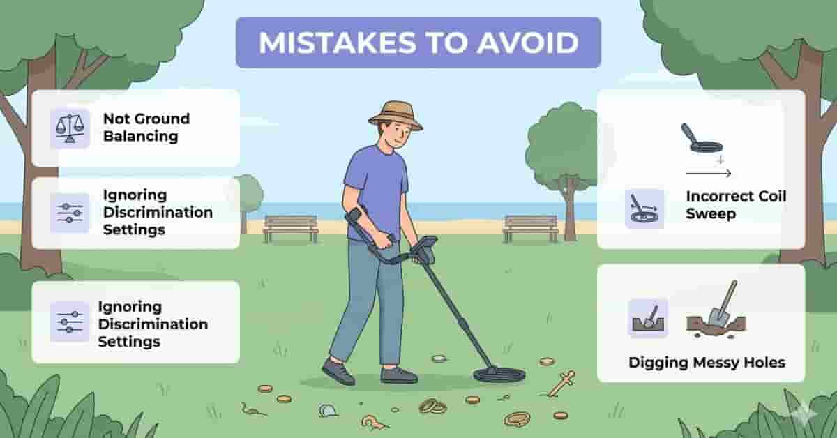 Beginner metal detectorist exploring a park and beach while avoiding common metal detecting mistakes, educational illustration for beginners.