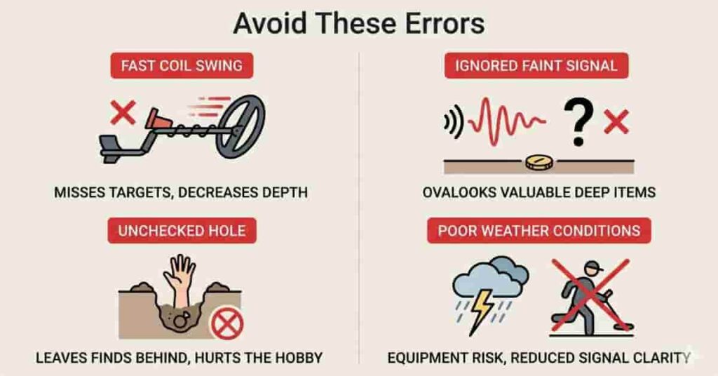 metal detecting mistakes infographic showing errors that reduce finds and detection success