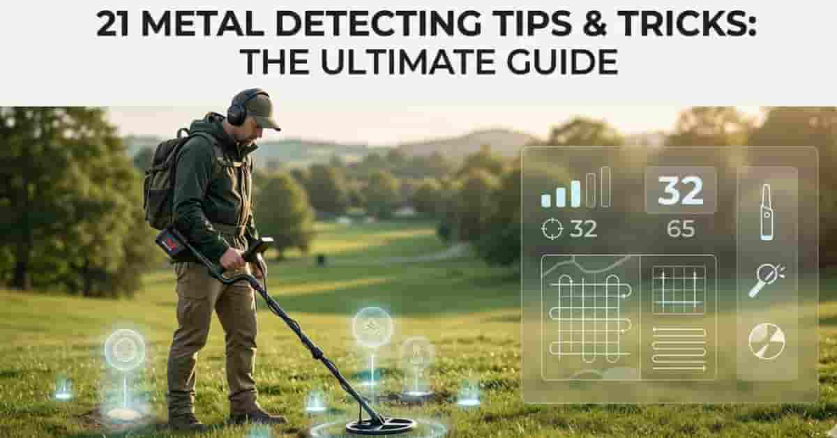 metal detecting expert scanning ground in park with infographic style overlay showing tips and signals for beginner guide