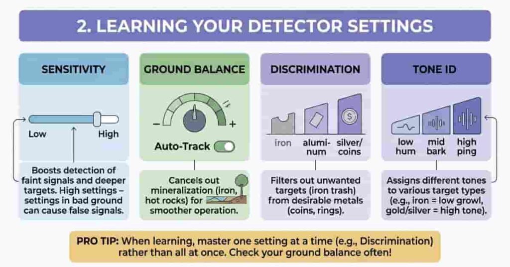 Metal detector settings infographic showing sensitivity, ground balance, discrimination, and tone ID for beginner metal detectorists.