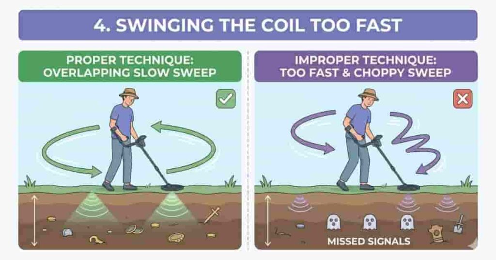 Comparison of proper vs fast coil swinging for metal detecting, showing overlapping sweeps and signal accuracy for beginners.