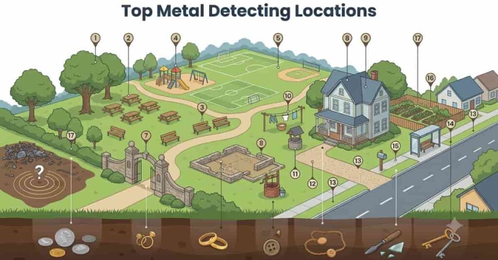 Infographic highlighting the best park, old home site, backyard, and curb strip locations for successful metal detecting.