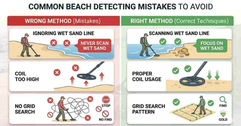 Common beach metal detecting mistakes versus correct techniques comparison infographic