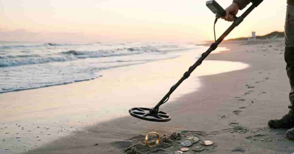 Beach metal detecting hero image showing detector scanning wet sand at sunrise with gold ring and coins discovery