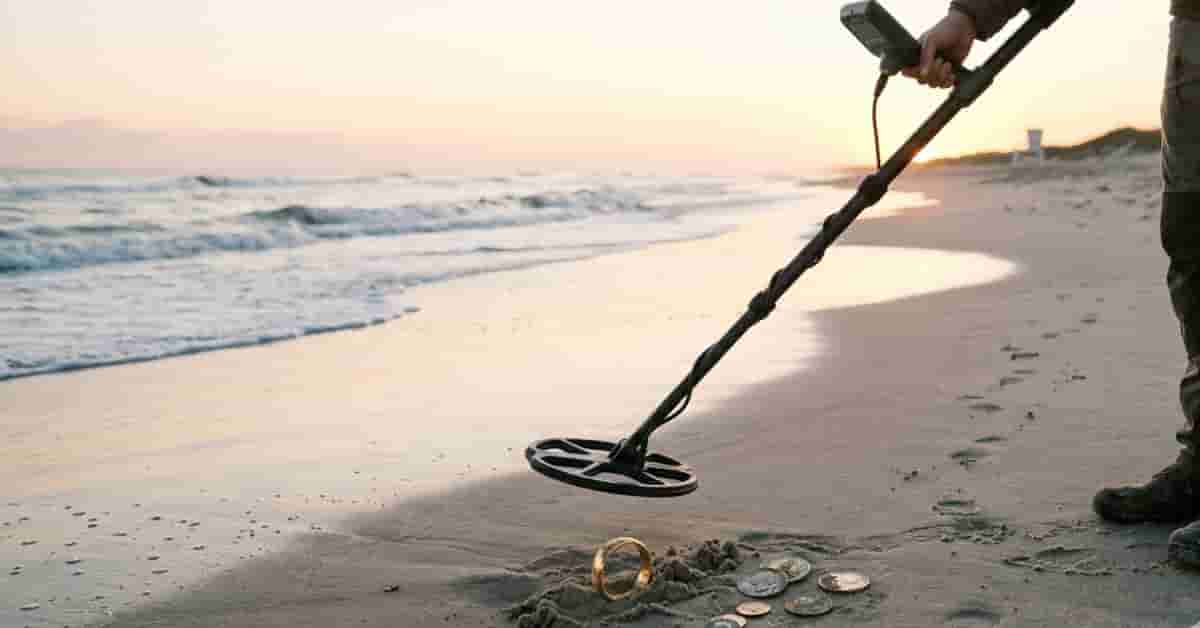 Beach metal detecting hero image showing detector scanning wet sand at sunrise with gold ring and coins discovery