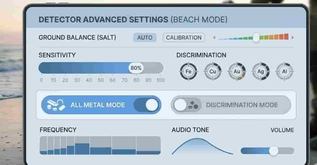 Metal detector settings interface showing ground balance sensitivity and discrimination for beach hunting