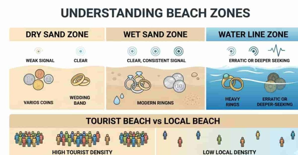 Beach zones diagram showing dry sand wet sand and waterline for metal detecting strategy