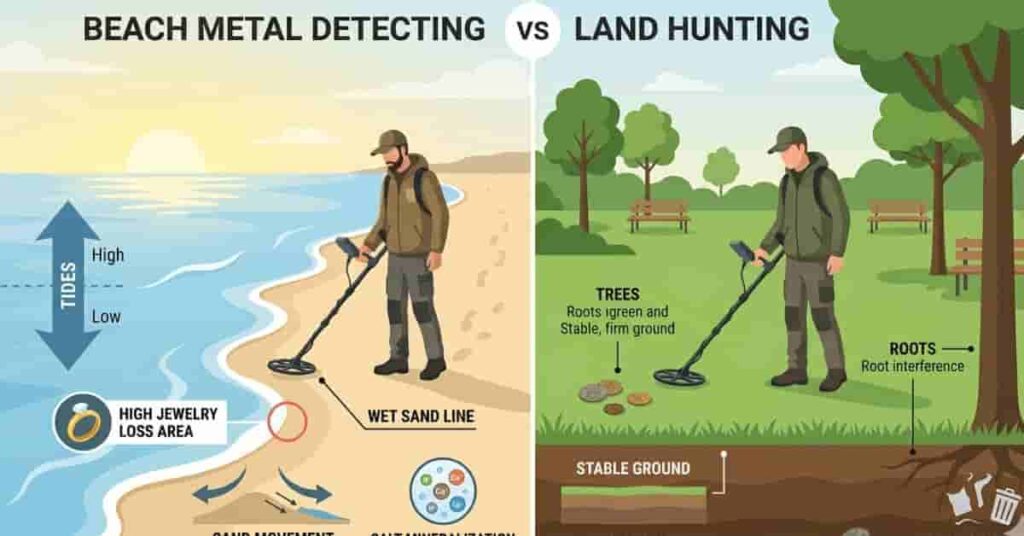 Beach metal detecting vs land hunting comparison showing tides, sand movement and search differences