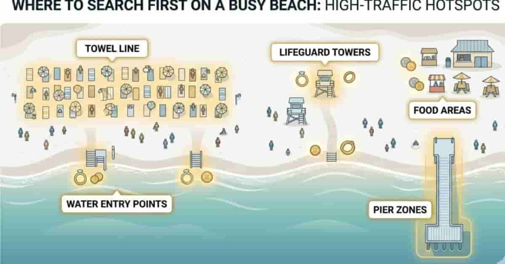 Beach map showing best places to metal detect including towel line water entry and pier zones