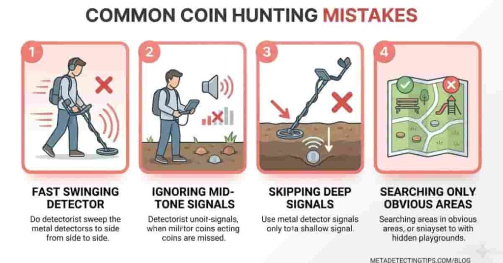 common metal detecting mistakes fast swinging ignoring signals coin hunting errors infographic