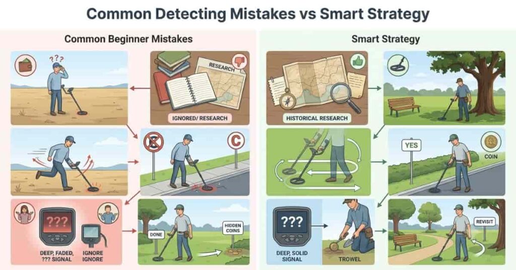 Infographic comparing common metal detecting location mistakes with smart search strategies for finding more coins and relics.