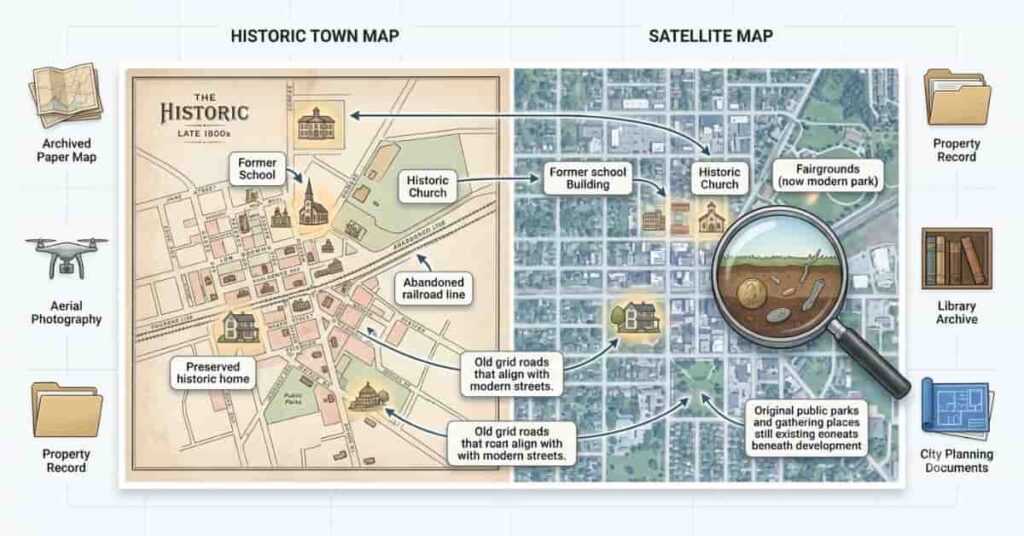 Comparison of historic maps and modern city maps used to identify old metal detecting locations and historic ground.