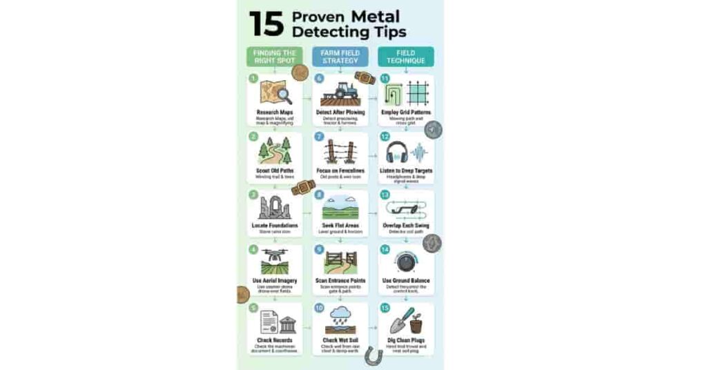 Infographic showing 15 proven metal detecting tips for woods and farm fields with structured categories and icons
