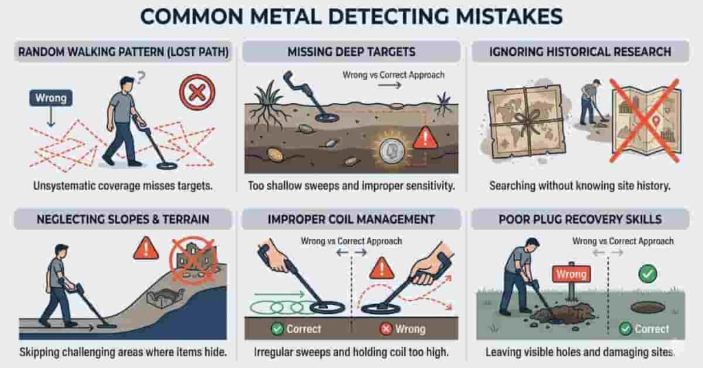 Infographic showing common metal detecting mistakes such as random searching, missed deep targets, and poor research in woods and fields