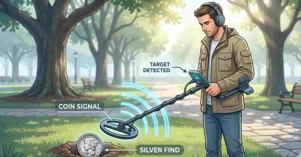 metal detecting tips for coins hero image detector finding silver coin in park USA guide banner