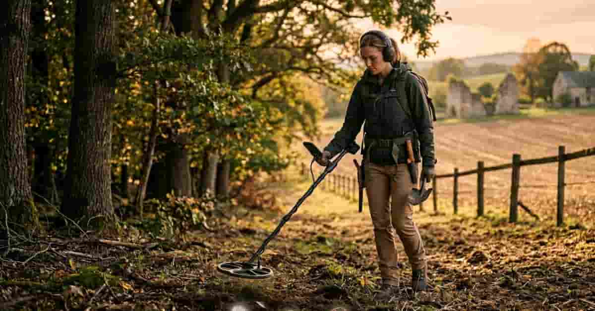 Professional metal detectorist searching at the edge of woods and farm field in USA landscape showing relic hunting and historical exploration