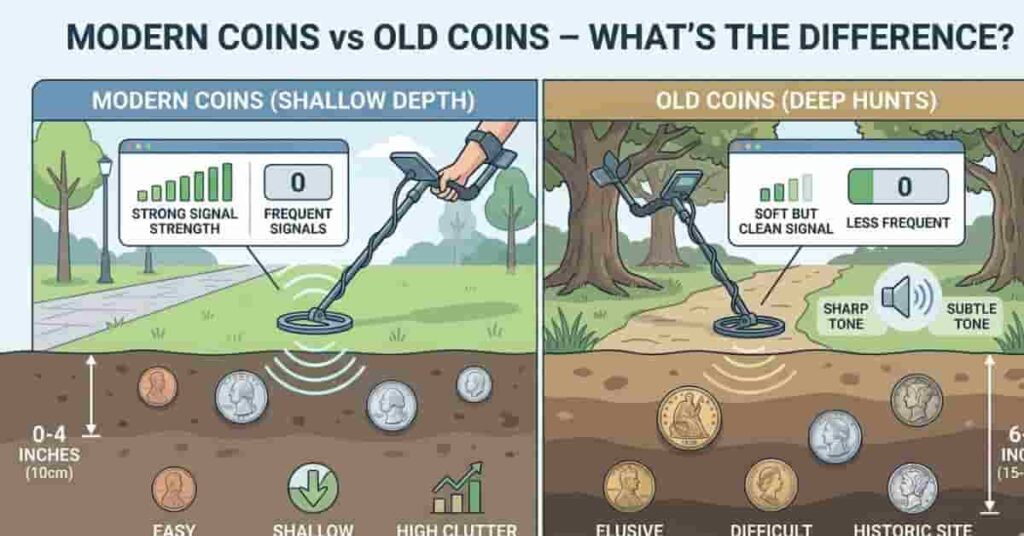modern coins vs old silver coins metal detecting depth signal comparison infographic