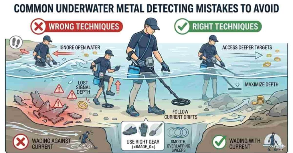 underwater metal detecting safety diagram showing hazards like current drop offs and debris