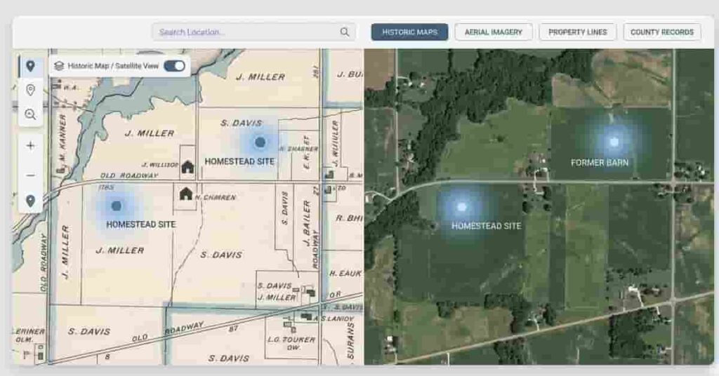 Research dashboard showing historic maps and aerial imagery for identifying productive metal detecting locations in woods and fields