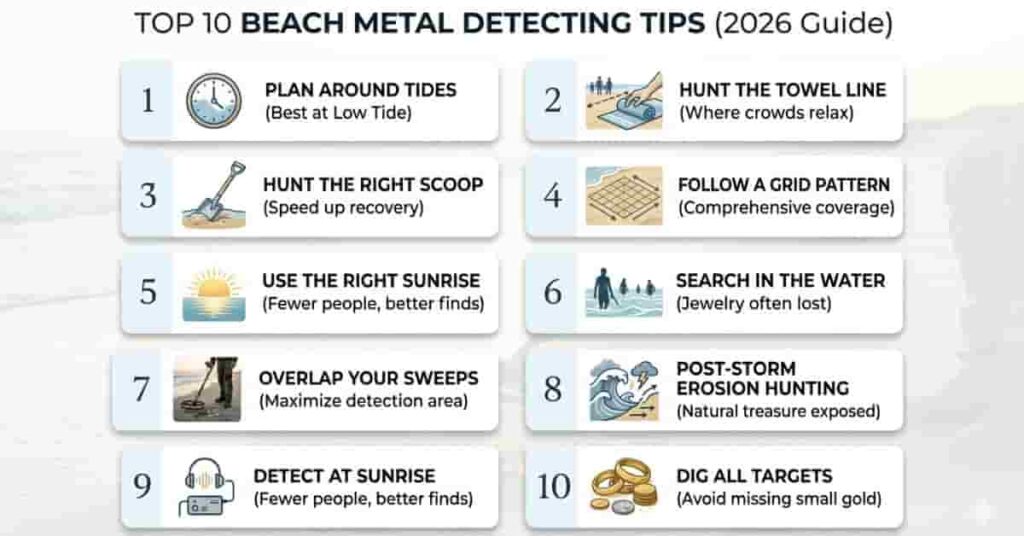 Ten beach metal detecting tips infographic with icons for tide towel line and grid searching