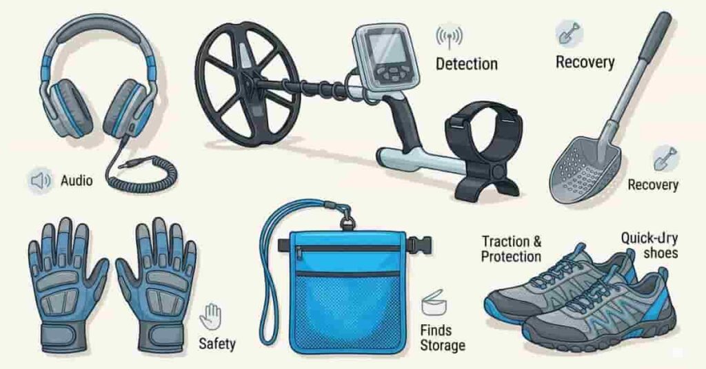 underwater metal detecting equipment including waterproof detector scoop headphones pouch and safety gear