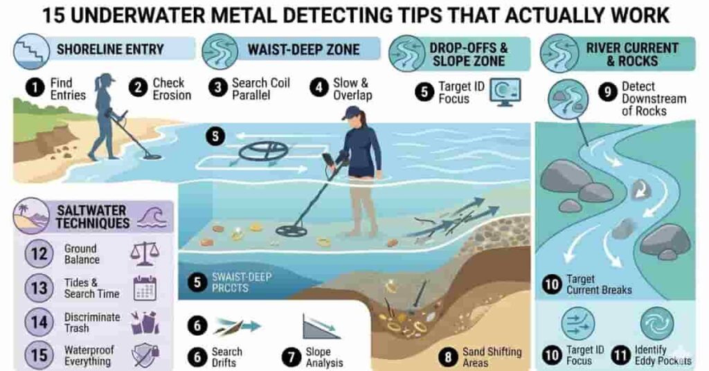 underwater metal detecting tips infographic showing zones techniques and strategies for rivers and shallow water