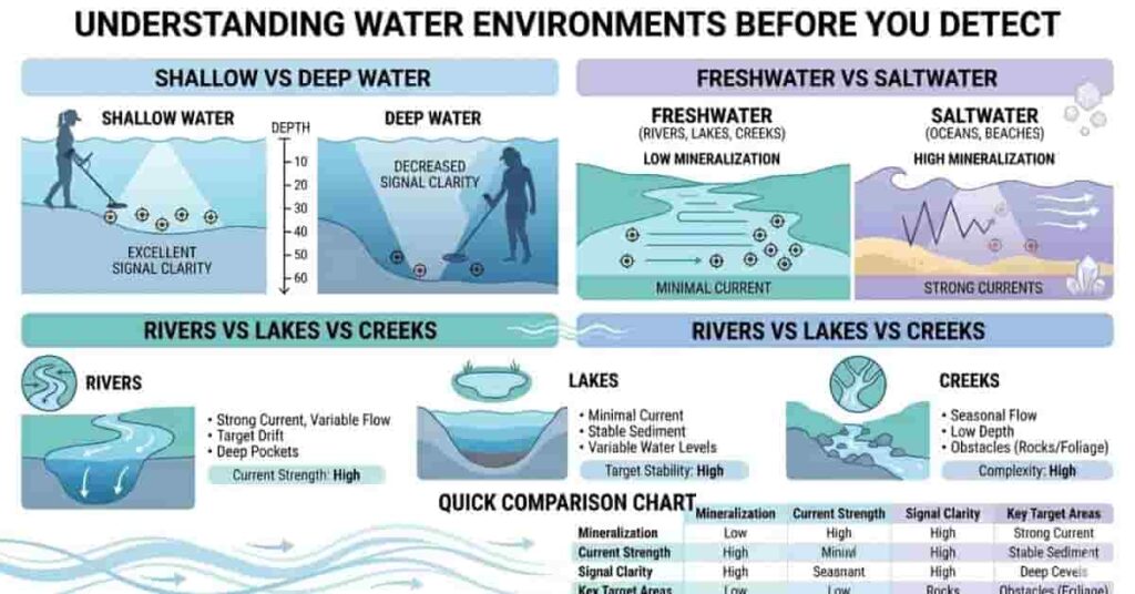 underwater metal detecting environments comparison showing shallow deep water freshwater saltwater rivers lakes creeks