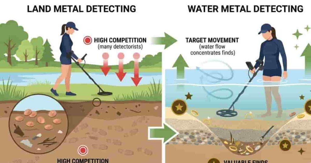 underwater metal detecting tips showing how water moves and concentrates gold compared to land detecting