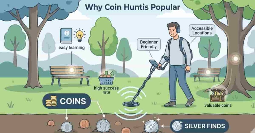 beginner metal detecting coins in park infographic showing why coin hunting is popular USA