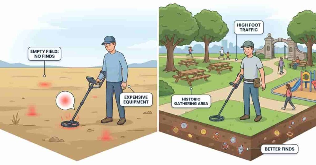 Infographic showing why choosing the right metal detecting location produces better finds than using an expensive detector.
