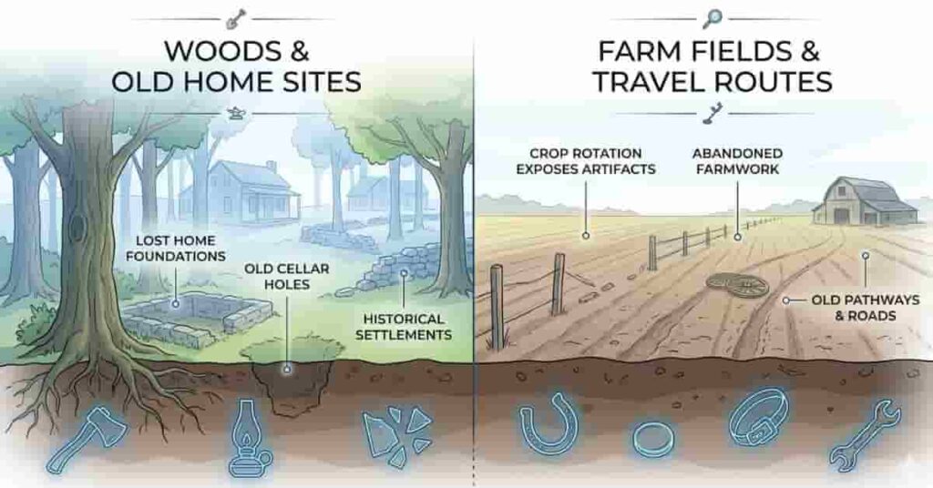 Infographic showing why woods and farm fields are best for metal detecting with hidden relic zones and historical activity areas