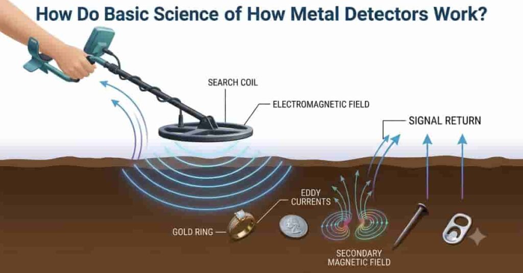 Infographic explaining the basic science behind how metal detectors work using electromagnetic fields and eddy currents.