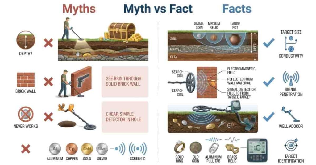 Myth versus fact infographic explaining common misconceptions about how metal detectors work.