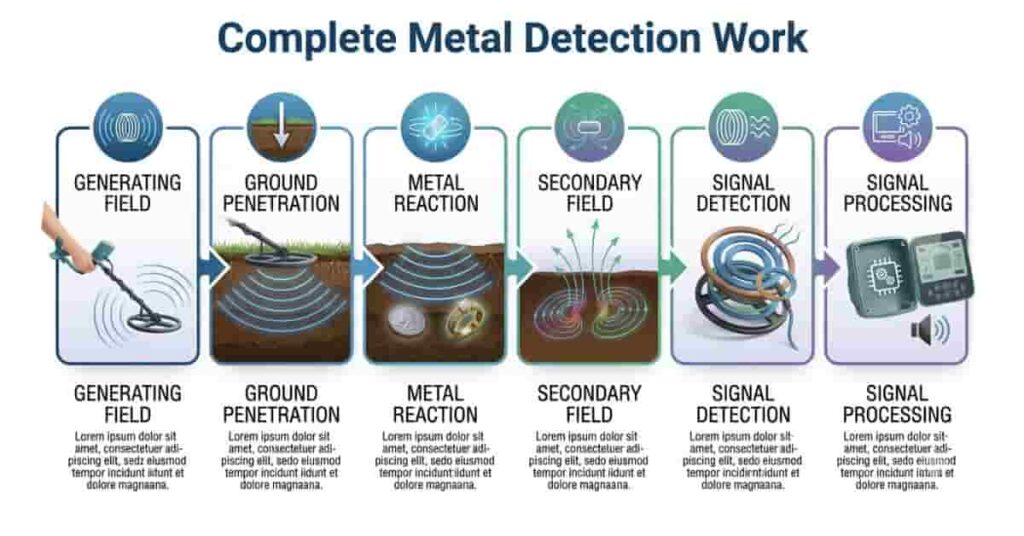 Step-by-step infographic showing how a metal detector detects buried metal from signal transmission to audio alert.