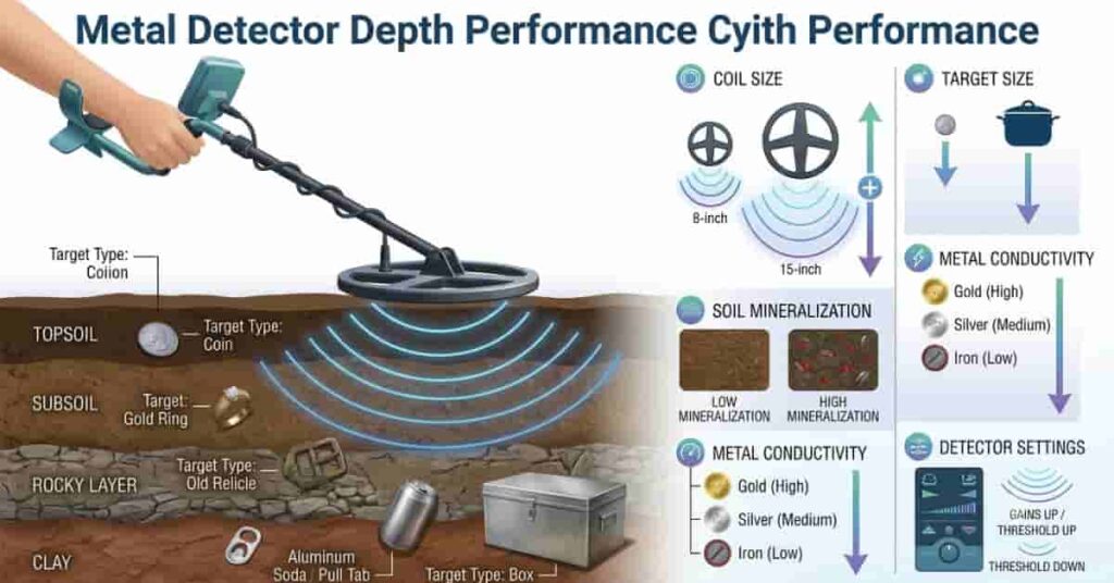 Educational diagram showing how coil size, soil conditions, and target size affect metal detector depth.