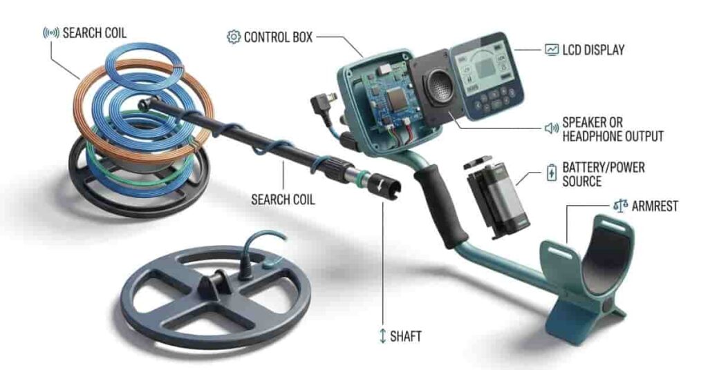 Labeled diagram showing the main parts of a metal detector and the role of each component.