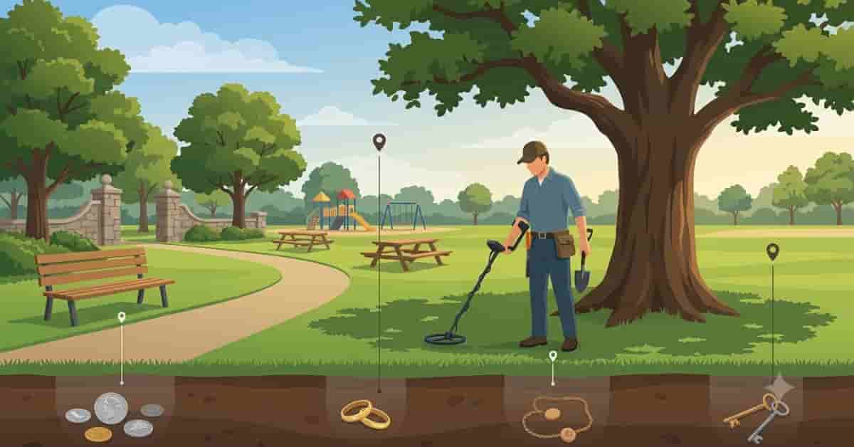 Metal detectorist using proven metal detecting tips for parks while searching near old shade trees, benches, and walking paths in a historic public park.