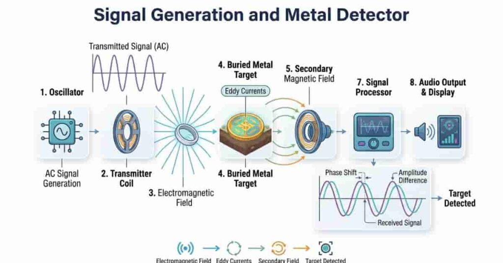 Diagram showing how a metal detector generates electromagnetic signals and processes returning signals from buried metal.