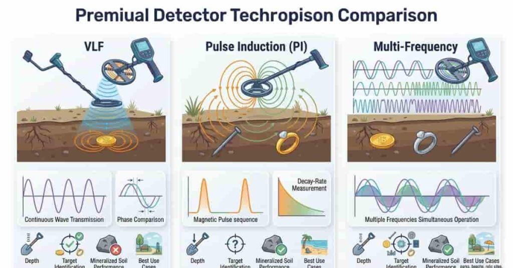 Comparison infographic of VLF, Pulse Induction, and Multi-Frequency metal detector technologies.