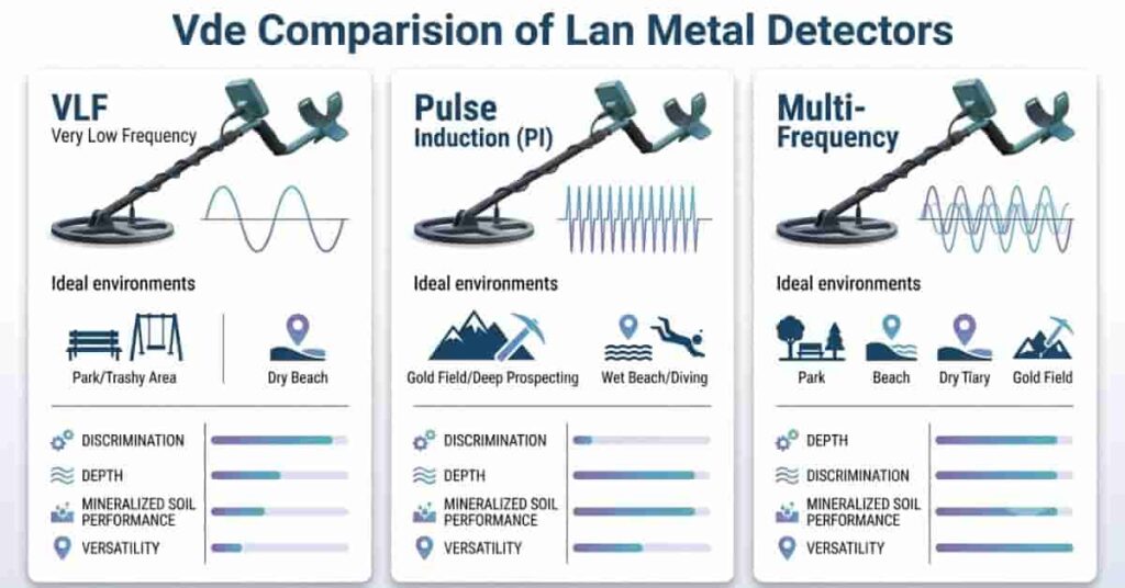 Comparison infographic of VLF, Pulse Induction, and Multi-Frequency metal detector technologies.