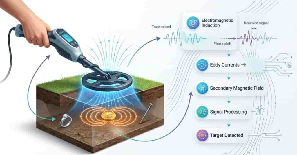 Metal detector working principle illustration showing electromagnetic induction, eddy currents, secondary magnetic field, and signal processing detecting buried metal objects.