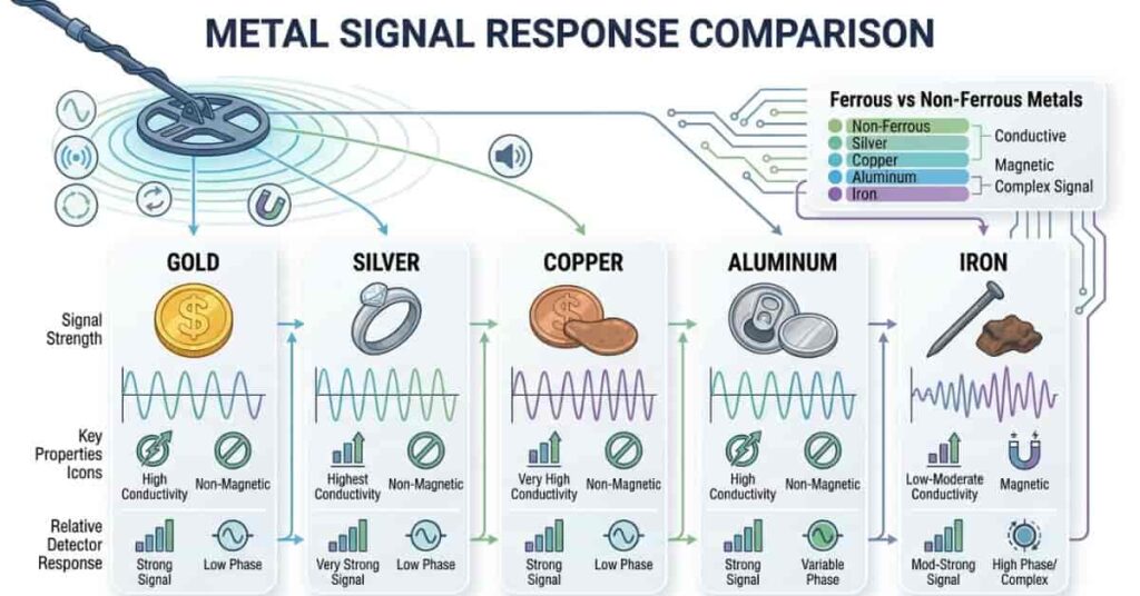 Infographic comparing how gold, silver, copper, aluminum, and iron produce different metal detector responses.