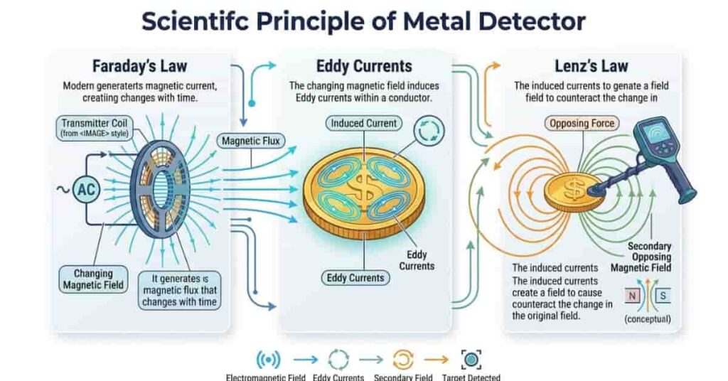 Scientific infographic explaining electromagnetic induction, Faraday's Law, Lenz's Law, and eddy currents in metal detectors.