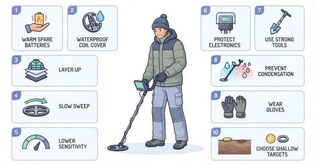 10 practical tips for successful metal detecting in snow and cold weather
