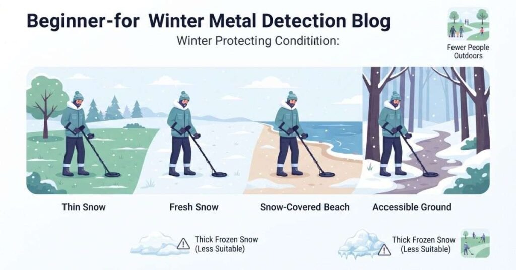 Best winter conditions for metal detecting in thin snow, parks, fields, and beaches