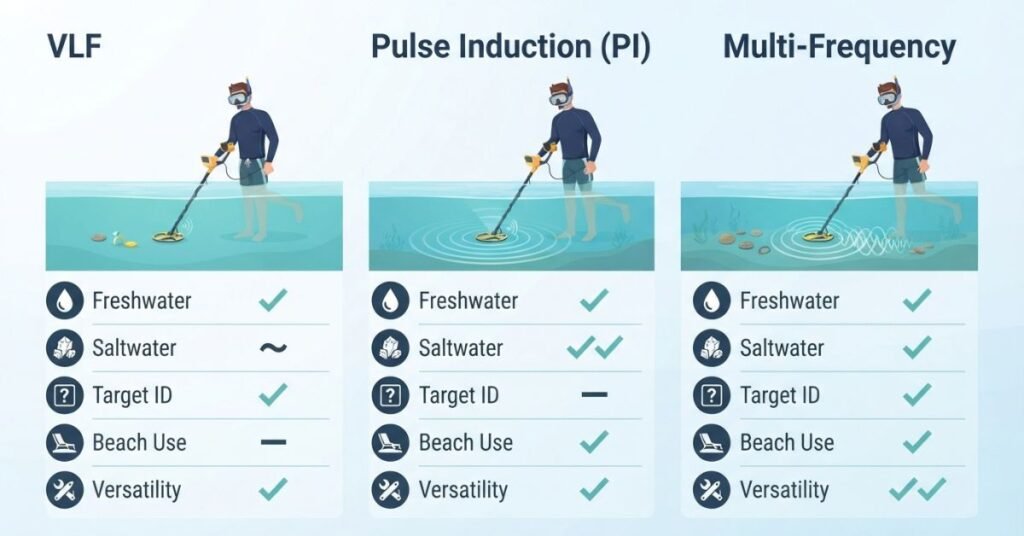 VLF, pulse induction, and multi-frequency metal detector comparison for underwater detecting