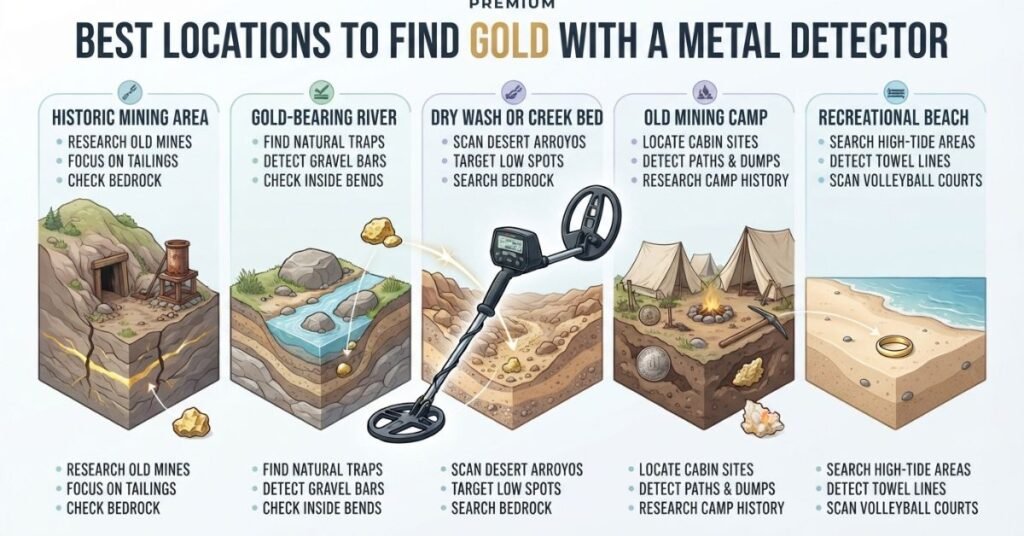Best places to find gold with a metal detector including mining areas, rivers, dry washes, and beaches