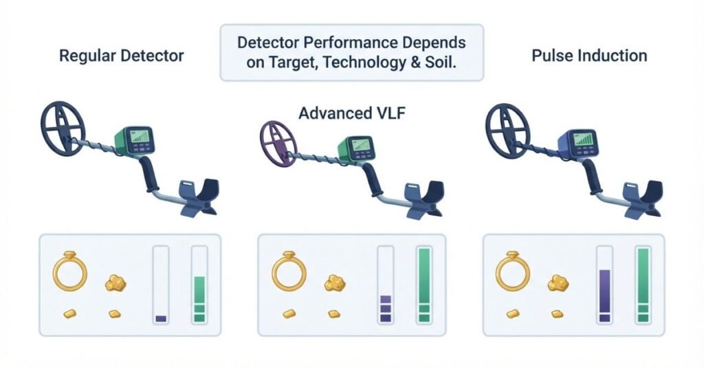 Comparison of metal detectors for detecting different sizes and types of gold
