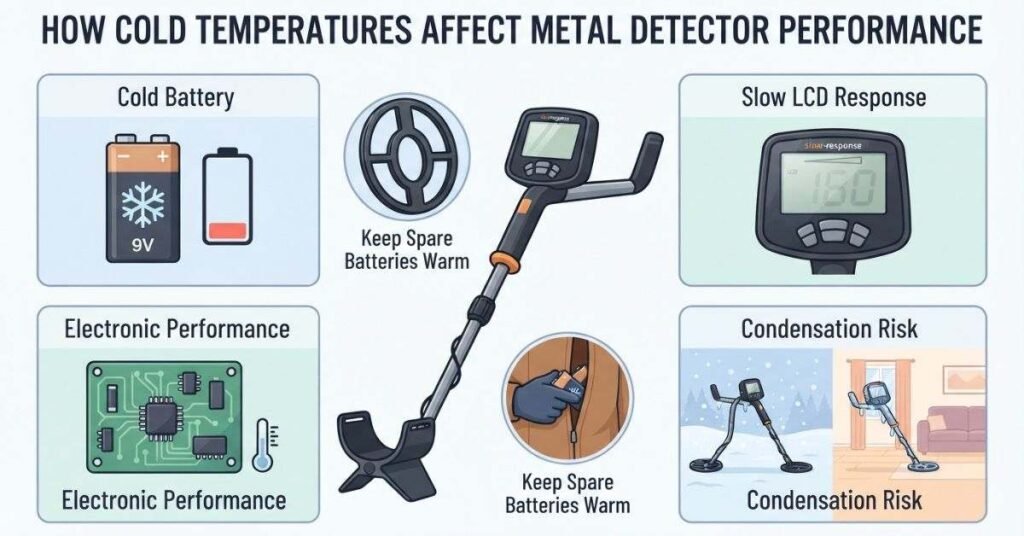 Cold weather effects on metal detector batteries, screens, electronics, and condensation